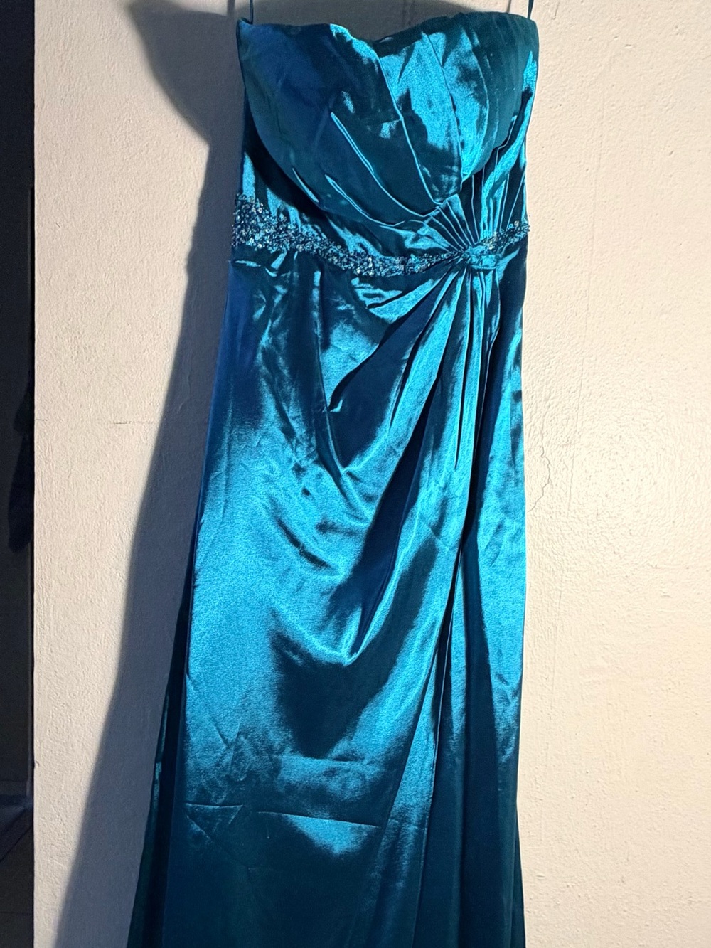 Dancing Queen Teal Strapless Satin Evening Gown